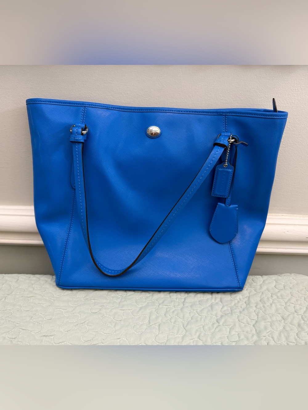Coach Bright Blue Leather Tote with Tag Charm